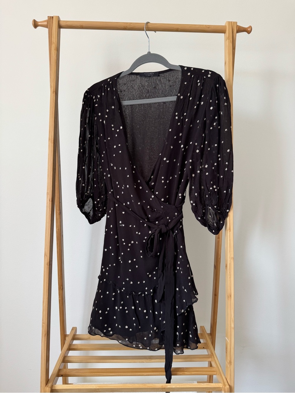 AllSaints Black Mini Wrap Dress with stars Print, Size US6